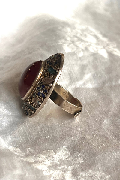 Ring Sterling Silver 50s Filigree and Cloisanne with Carnelian Cabochon Vintage