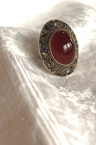 Ring Sterling Silver 50s Filigree and Cloisanne with Carnelian Cabochon Vintage