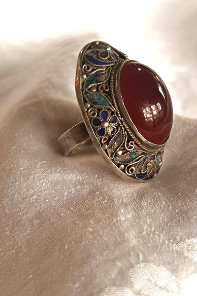 Ring Sterling Silver 50s Filigree and Cloisanne with Carnelian Cabochon Vintage