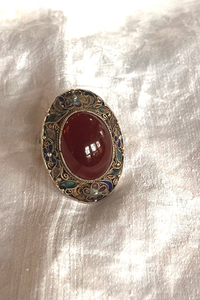 Ring Sterling Silver 50s Filigree and Cloisanne with Carnelian Cabochon Vintage