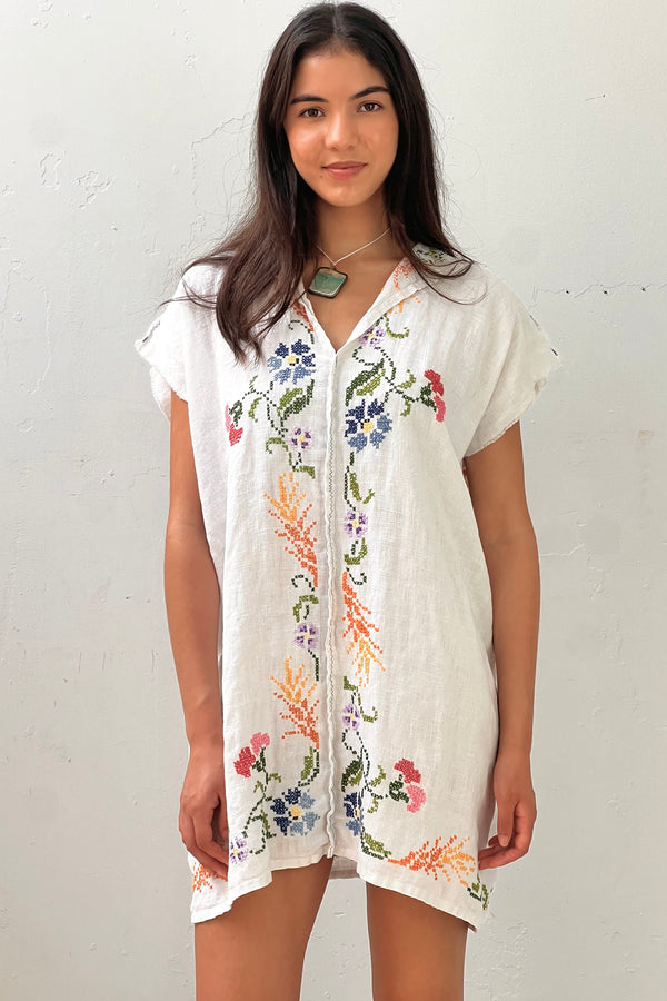 Anna Corinna Reworked Vintage Cross Stitched Flowers Smock Dress, Cotton