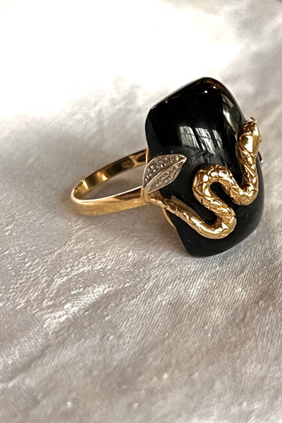 Ring 14K 80s Gold Snake and Onyx Vintage