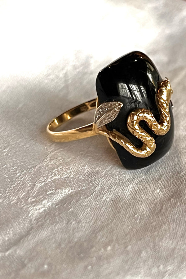 Ring 14K 80s Gold Snake and Onyx Vintage