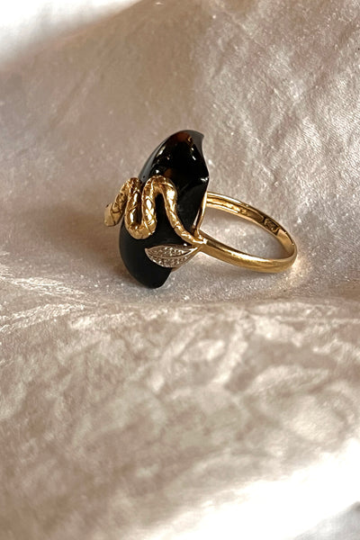 Ring 14K 80s Gold Snake and Onyx Vintage