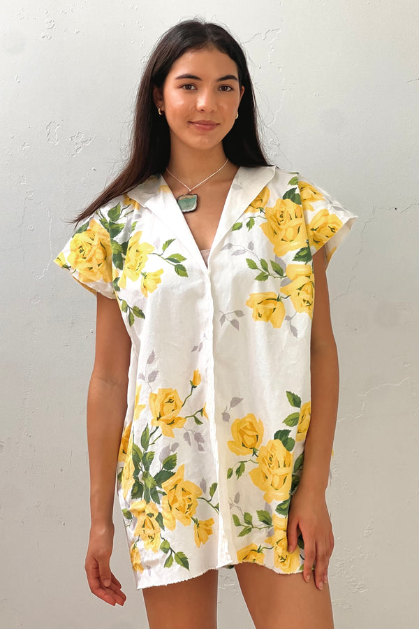 Anna Corinna Reworked Vintage Yellow Roses Smock Dress, Cotton