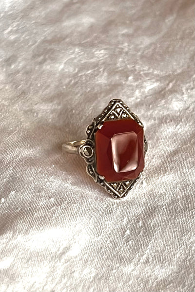 Ring Deco Sterling 40s Silver Carnelian and Marquesite Vintage