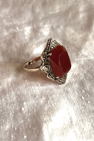 Ring Deco Sterling 40s Silver Carnelian and Marquesite Vintage