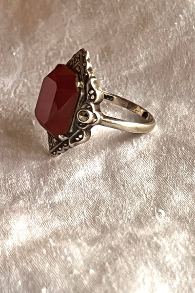 Ring Deco Sterling 40s Silver Carnelian and Marquesite Vintage
