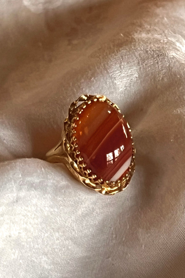 Ring 14K 60s Gold and Banded Agate Cocktail Vintage