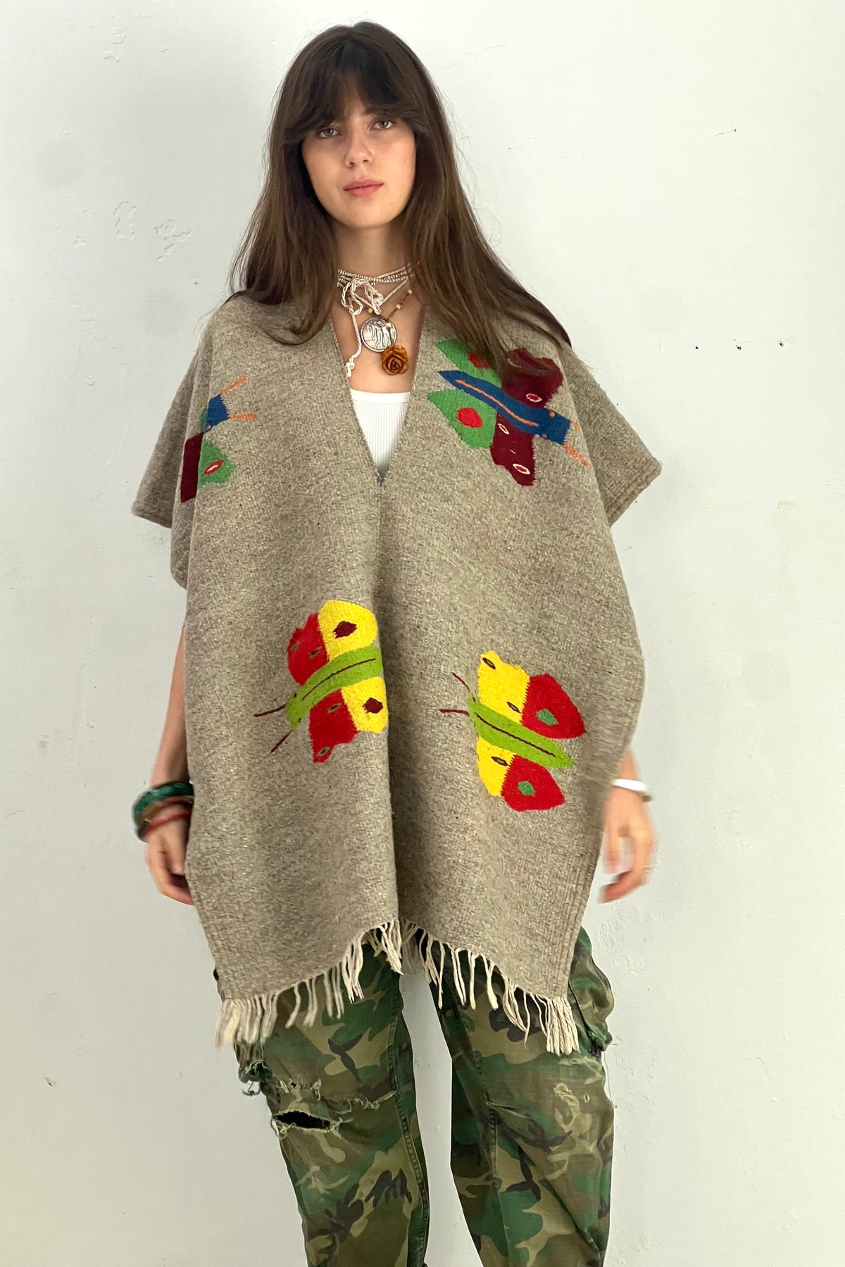 Anna Corinna Reworked Vintage Hand Woven Wool Butterfly Poncho, Wool