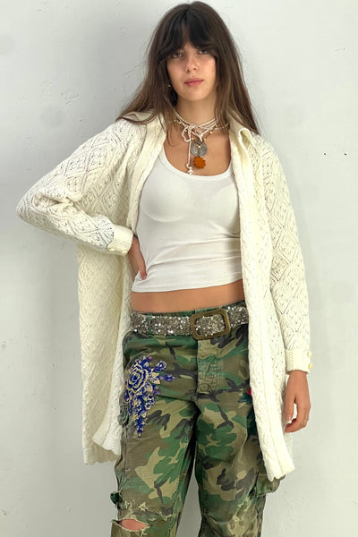 Vintage Lacy Knit Long Cardi Sweater, Acrylic, view 2