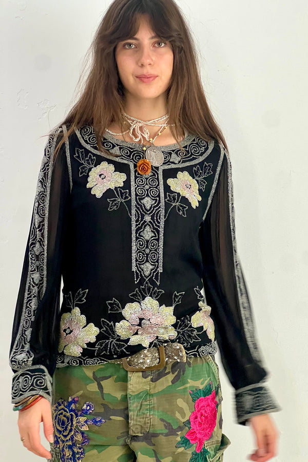Vintage Oleg Cassini Beaded Chiffon Top, Silk Chiffon