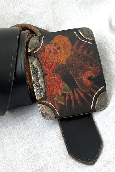 Ed Hardy Leather 90s Belt and Buckle Vintage