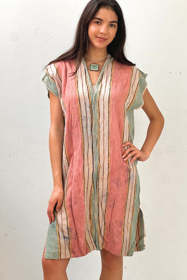 Anna Corinna Reworked Vintage Pink Green Shabby Floral Stripe Smock Dress, Cotton