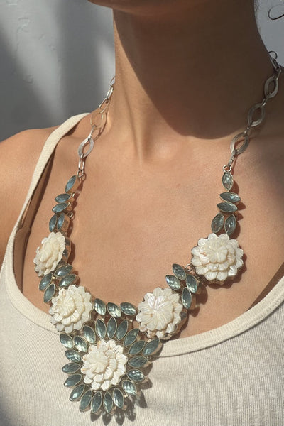 Vintage Faceted Stone Mother of Pearl Flowers Necklace