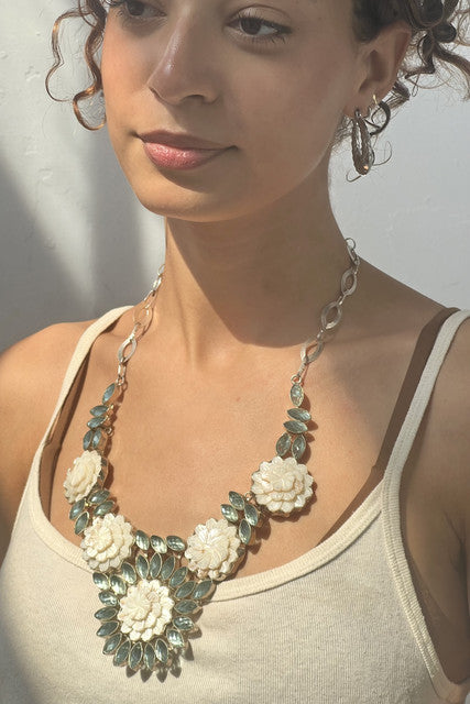 Vintage Faceted Stone Mother of Pearl Flowers Necklace