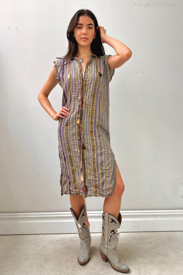 Anna Corinna Reworked Vintage Woven and Fringed Smock Dress, Cotton blend