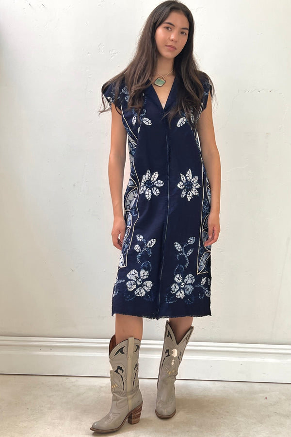 Anna Corinna Reworked Vintage Indigo Shabori Dyed Smock Dress, Cotton