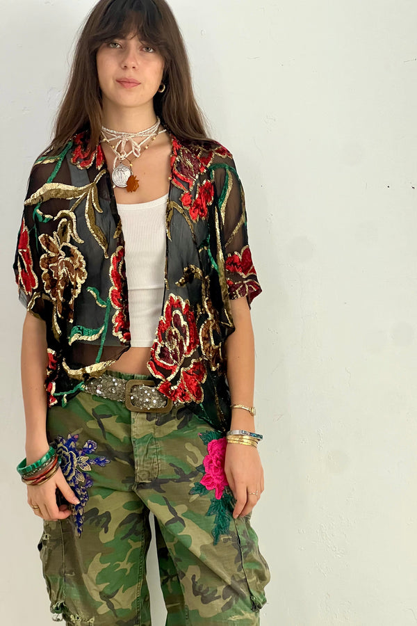 Anna Corinna Reworked Vintage Silk and Gold Chiffon Jacket, Silk Chiffon