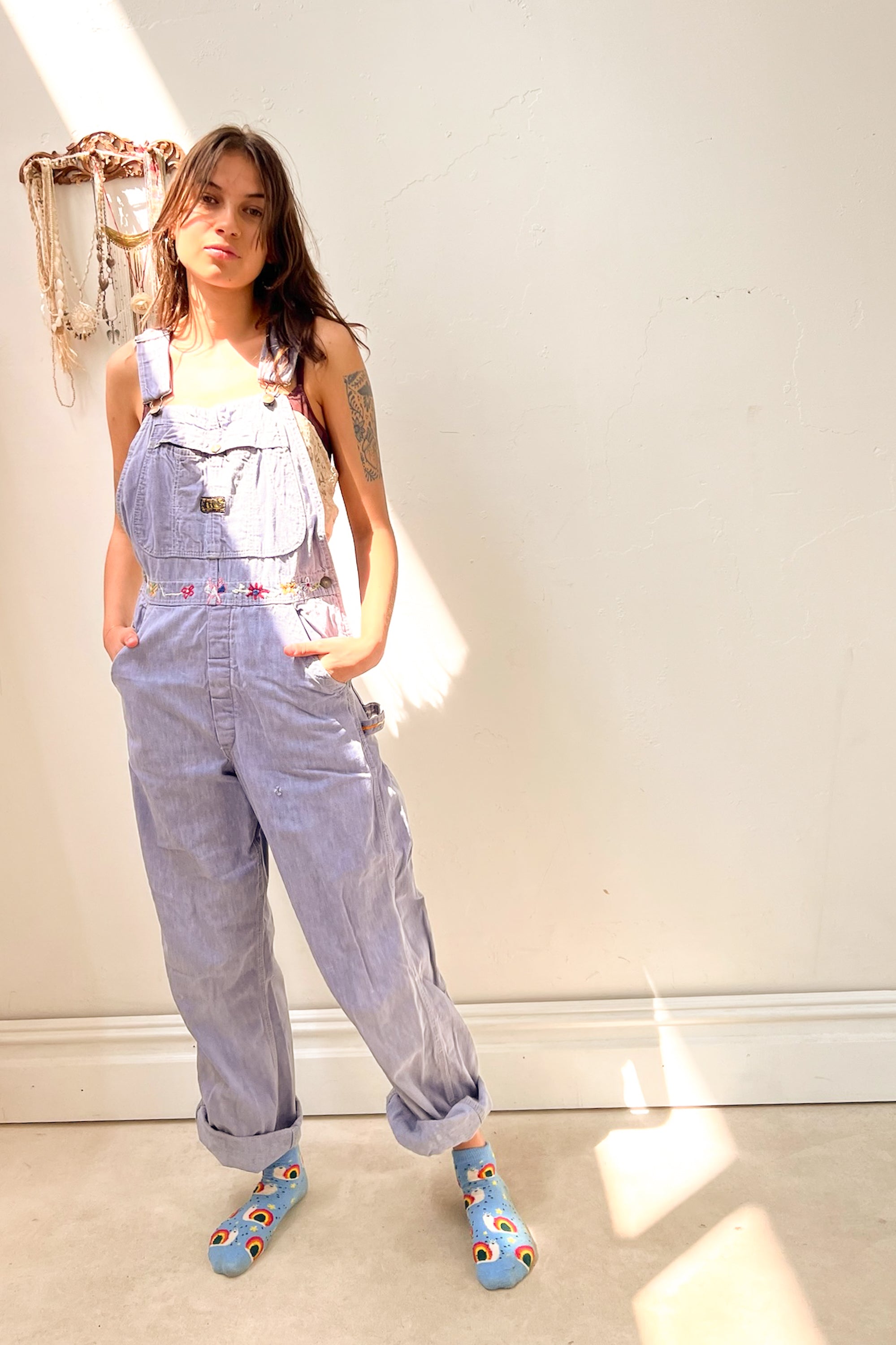 Vintage Periwinkle Embroidered Overalls