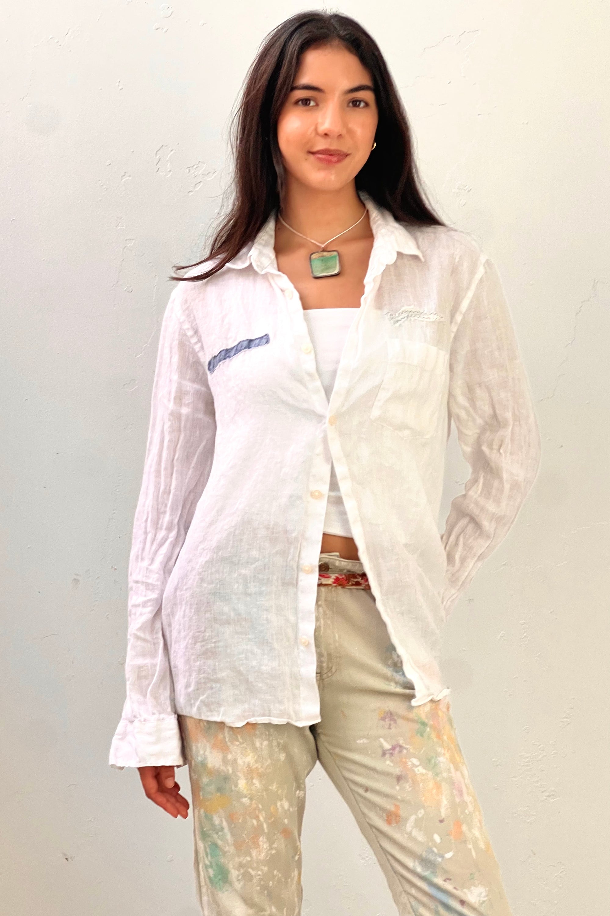 Anna Corinna Reworked Vintage Linen Embroidered Flower Button Down