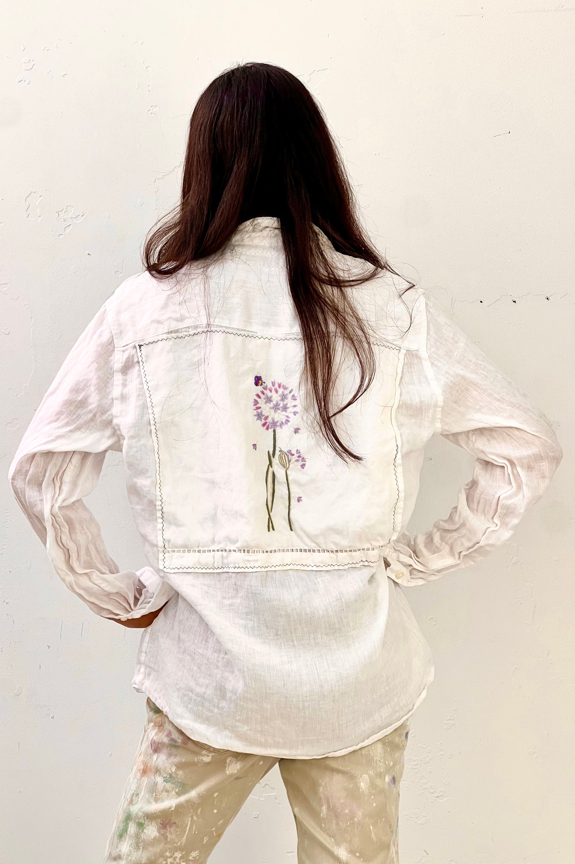 Anna Corinna Reworked Vintage Linen Embroidered Flower Button Down