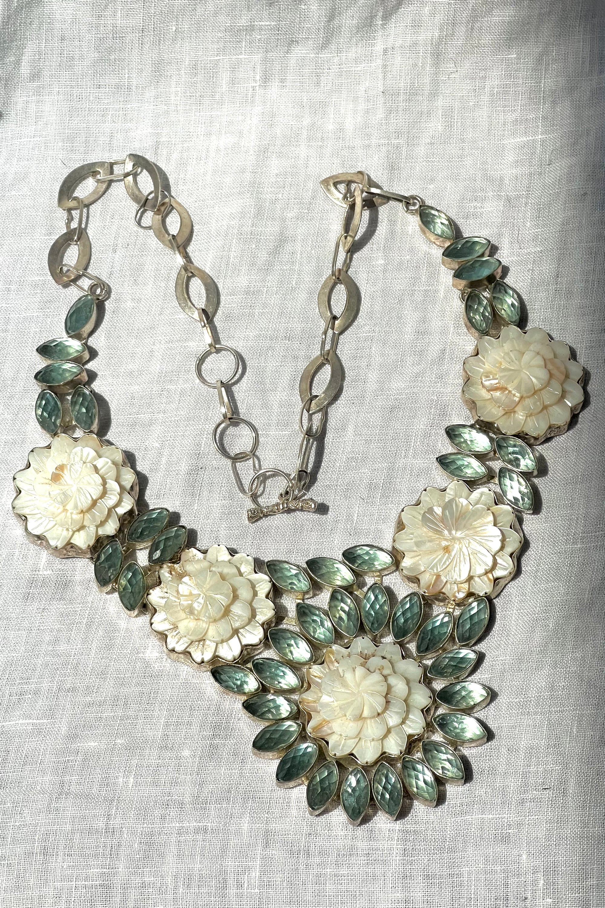 Vintage Faceted Stone Mother of Pearl Flowers Necklace