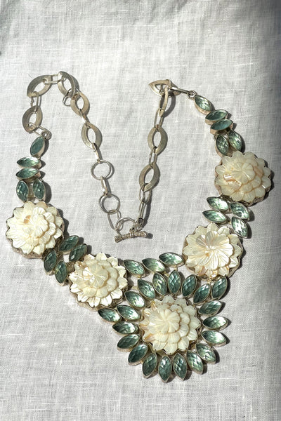 Vintage Faceted Stone Mother of Pearl Flowers Necklace