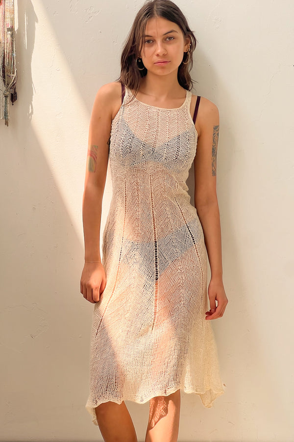 Vintage Hand Knit Ivory Tank Dress, Cotton