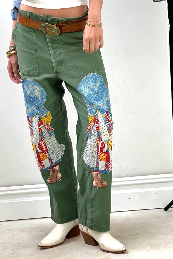 Anna Corinna Reworked Vintage Holly Hobby Patched Army Pants, Cotton