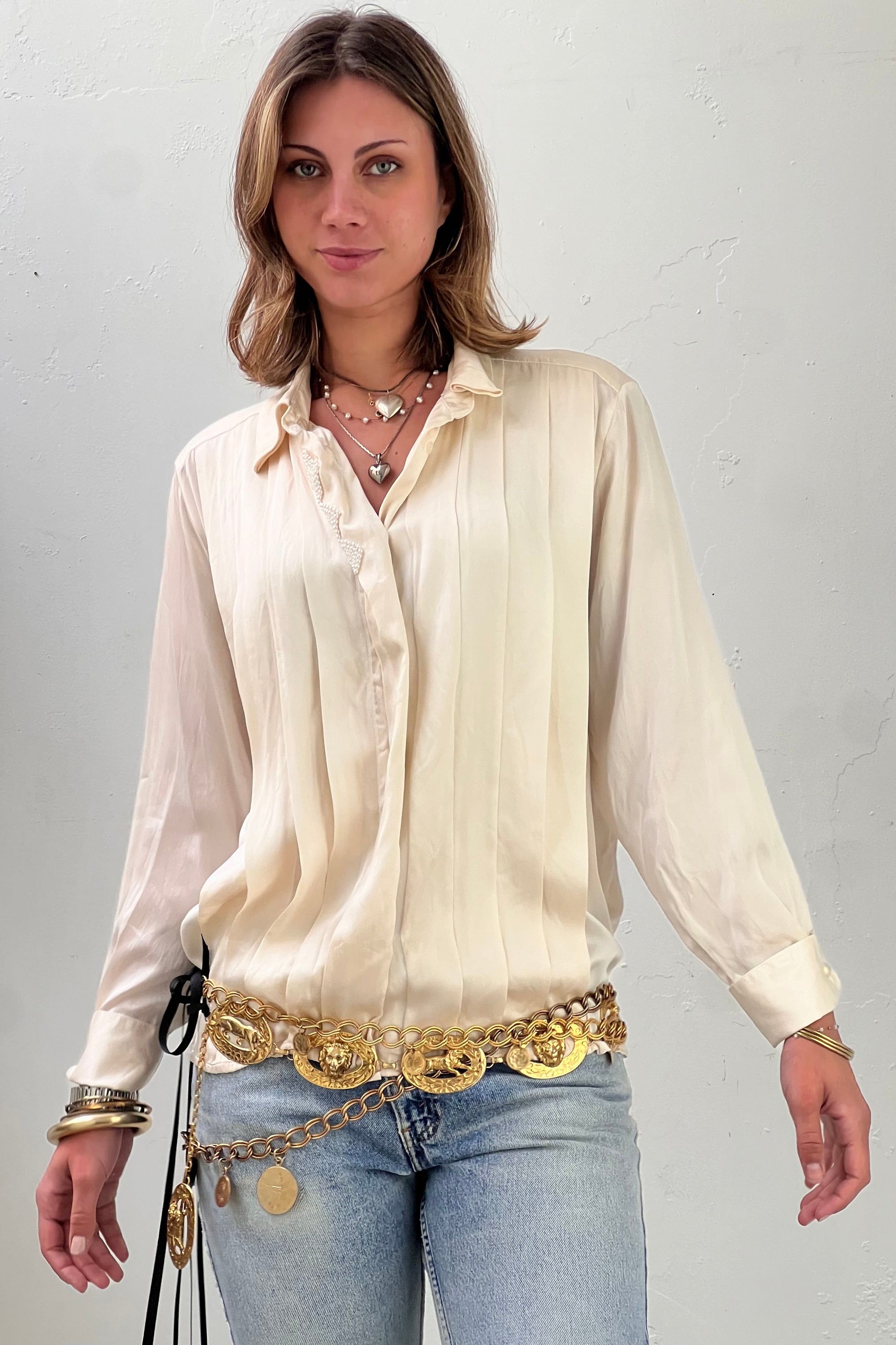 Vintage Silk and Pearls Button Down Top Selected by Anna Corinna