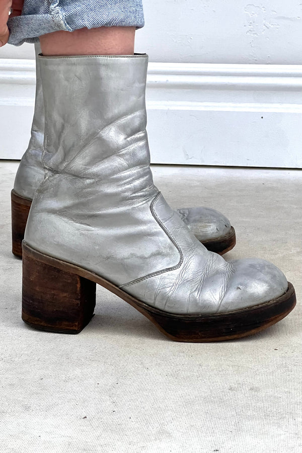 Vintage Silver Platform Boots, Leather and Wood