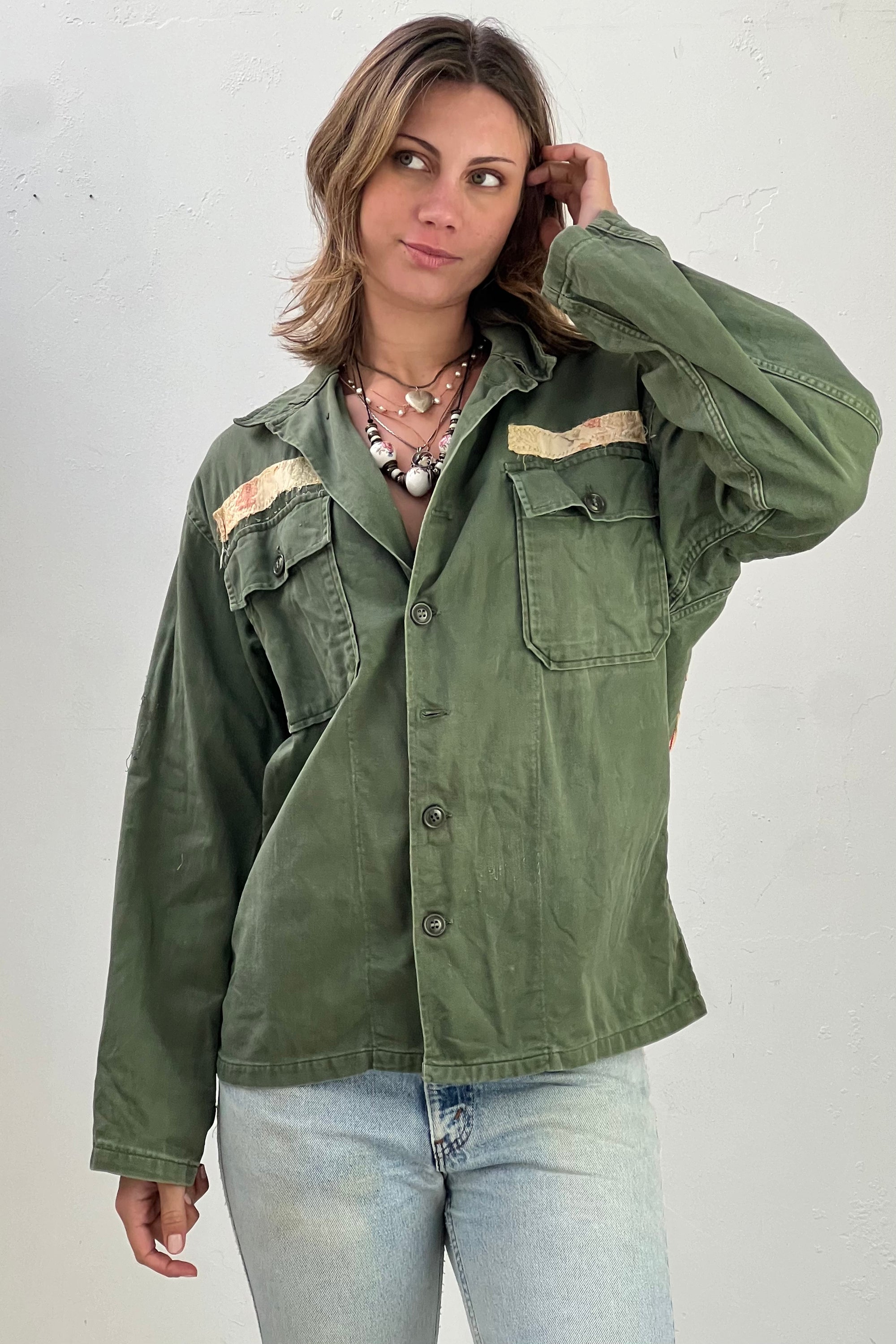 Anna Corinna Reworked Vintage Cats Army Button Down Shirt Jacket