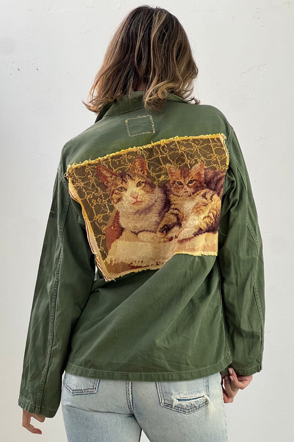 Anna Corinna Reworked Vintage Cats Army Button Down Shirt Jacket, Cotton