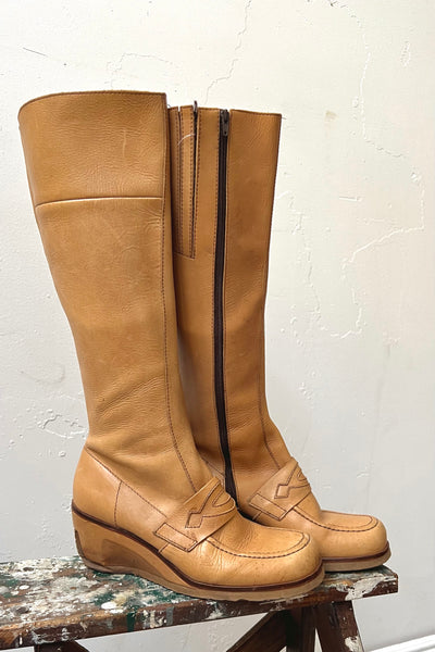 Vintage Gum Sole Loafer Knee Hi Zip Up Boots