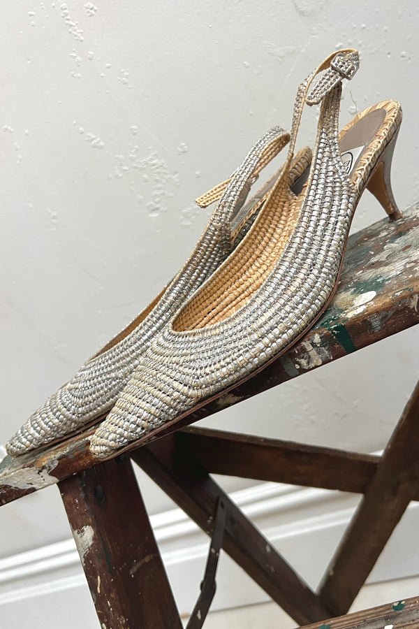 Vintage Emma Hope Silver Raffia Kitten Heels