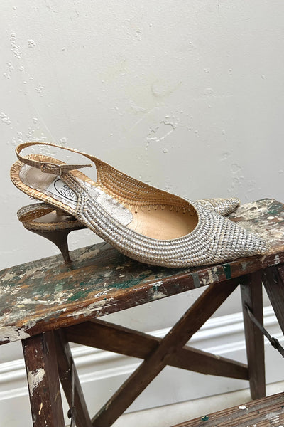 Vintage Emma Hope Silver Raffia Kitten Heels