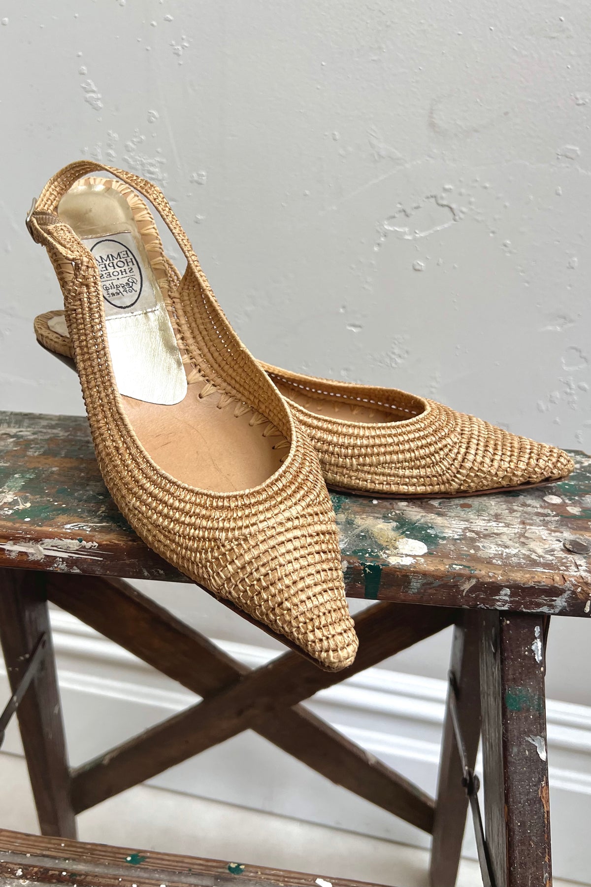 Vintage Emma Hope Golden Raffia Kitten Heels