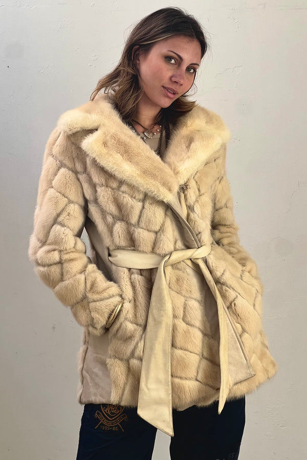 Vintage White Mink and Leather Coat, White Mink and Leather - Please note - belt is faux leather and not the original