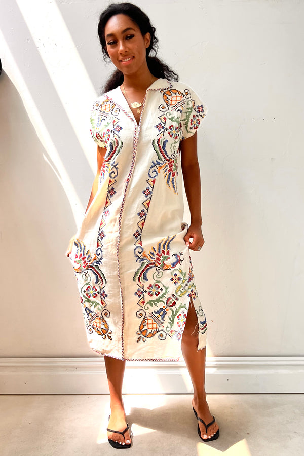 Anna Corinna Reworked Vintage Cross Stitch Pheonix Maxi Smock Dress, Cotton