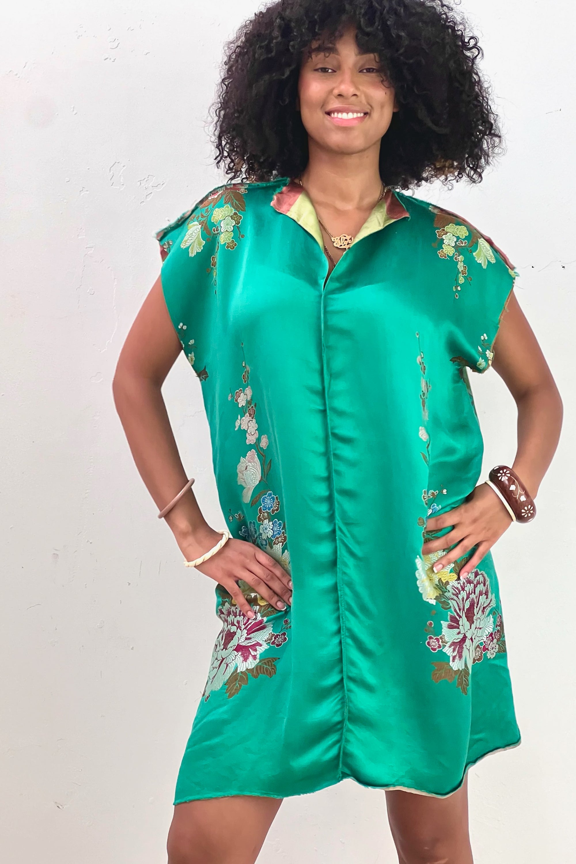 Anna Corinna Reworked Vintage Emerald Peacocks Silk Smock Dress