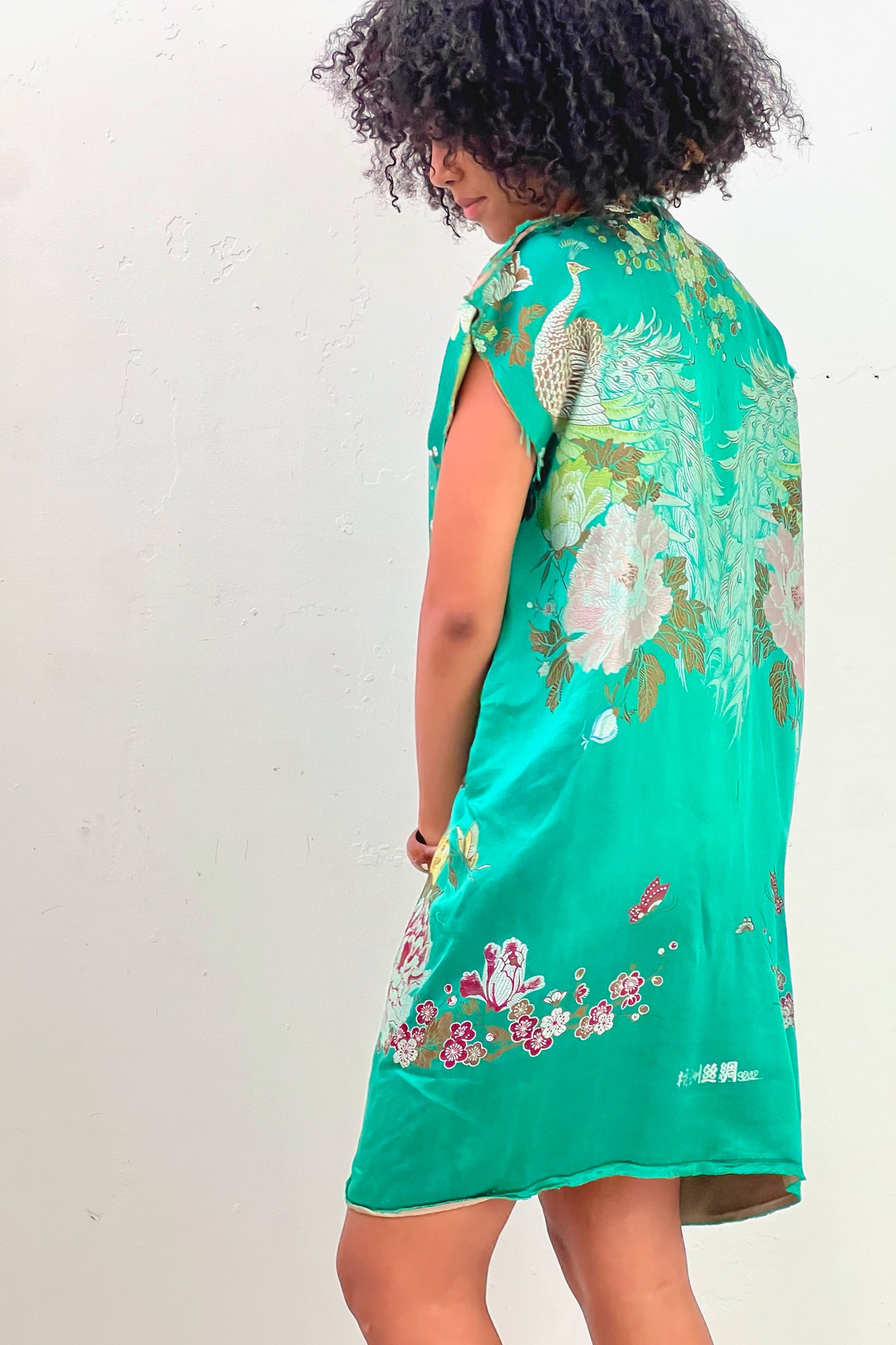 Anna Corinna Reworked Vintage Emerald Peacocks Silk Smock Dress