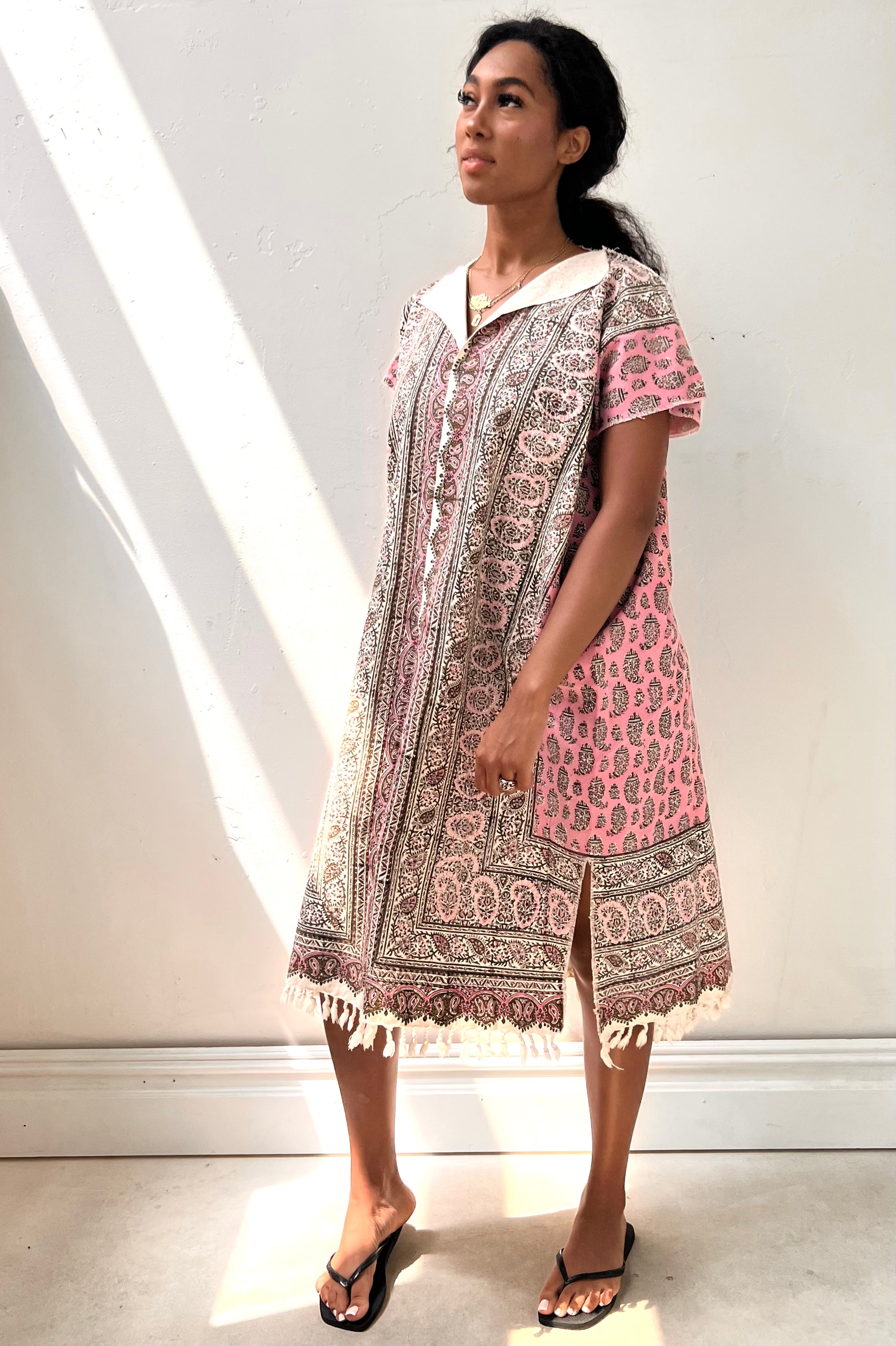 Anna Corinna Reworked Vintage Block Print Fringe Smock Dress