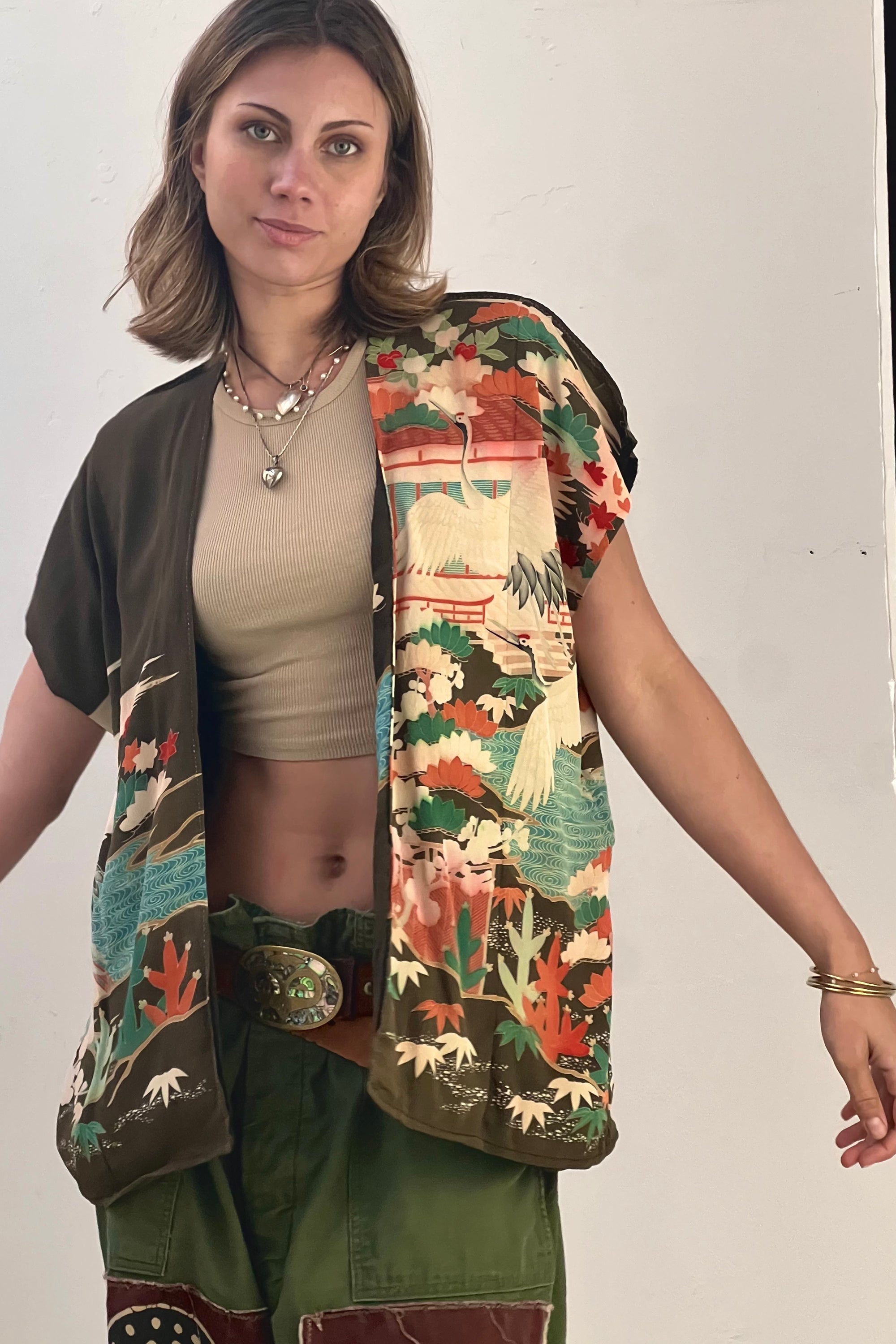 Anna Corinna Reworked Vintage Silk Cranes Kimono Jacket