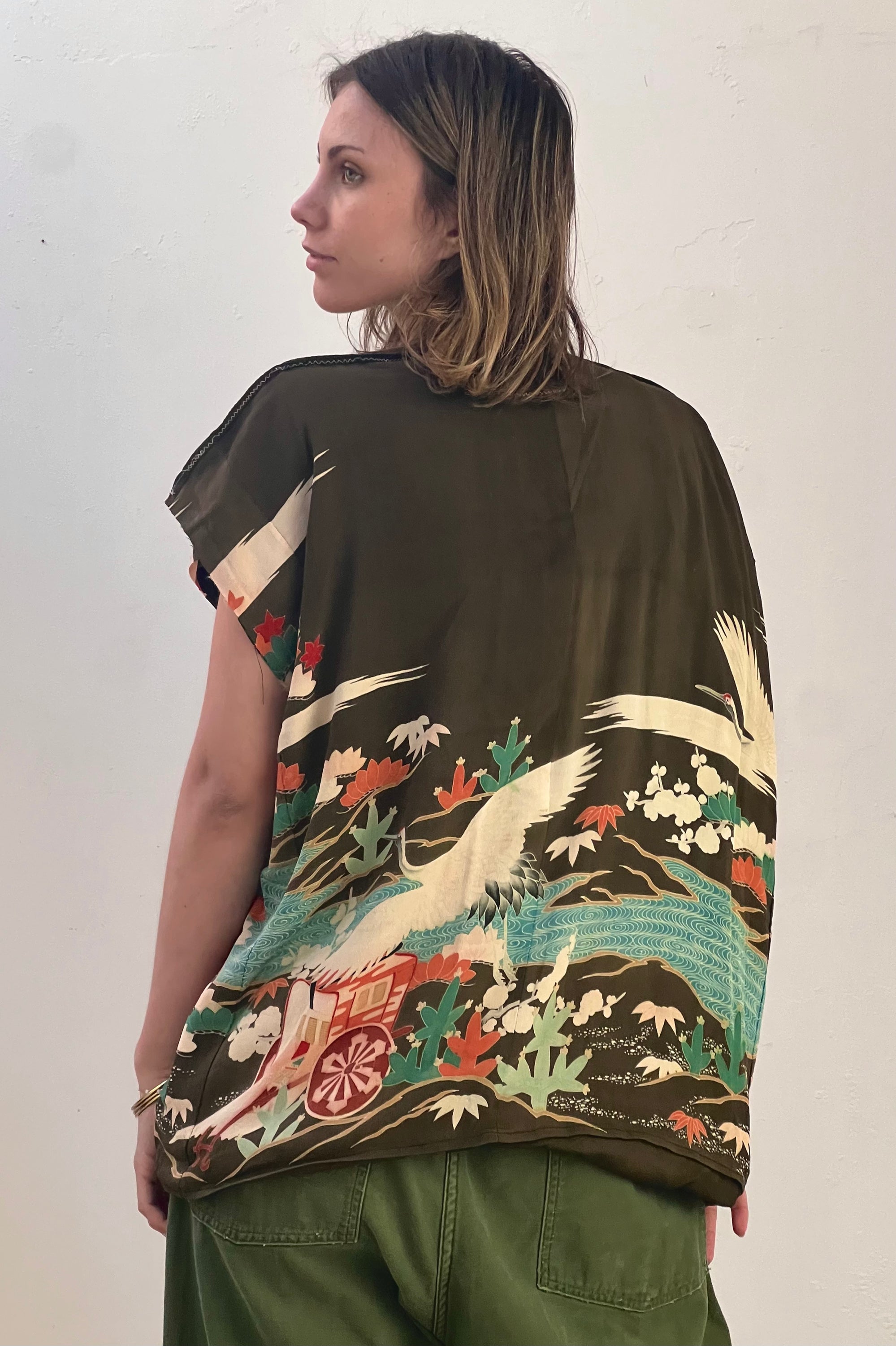 Anna Corinna Reworked Vintage Silk Cranes Kimono Jacket