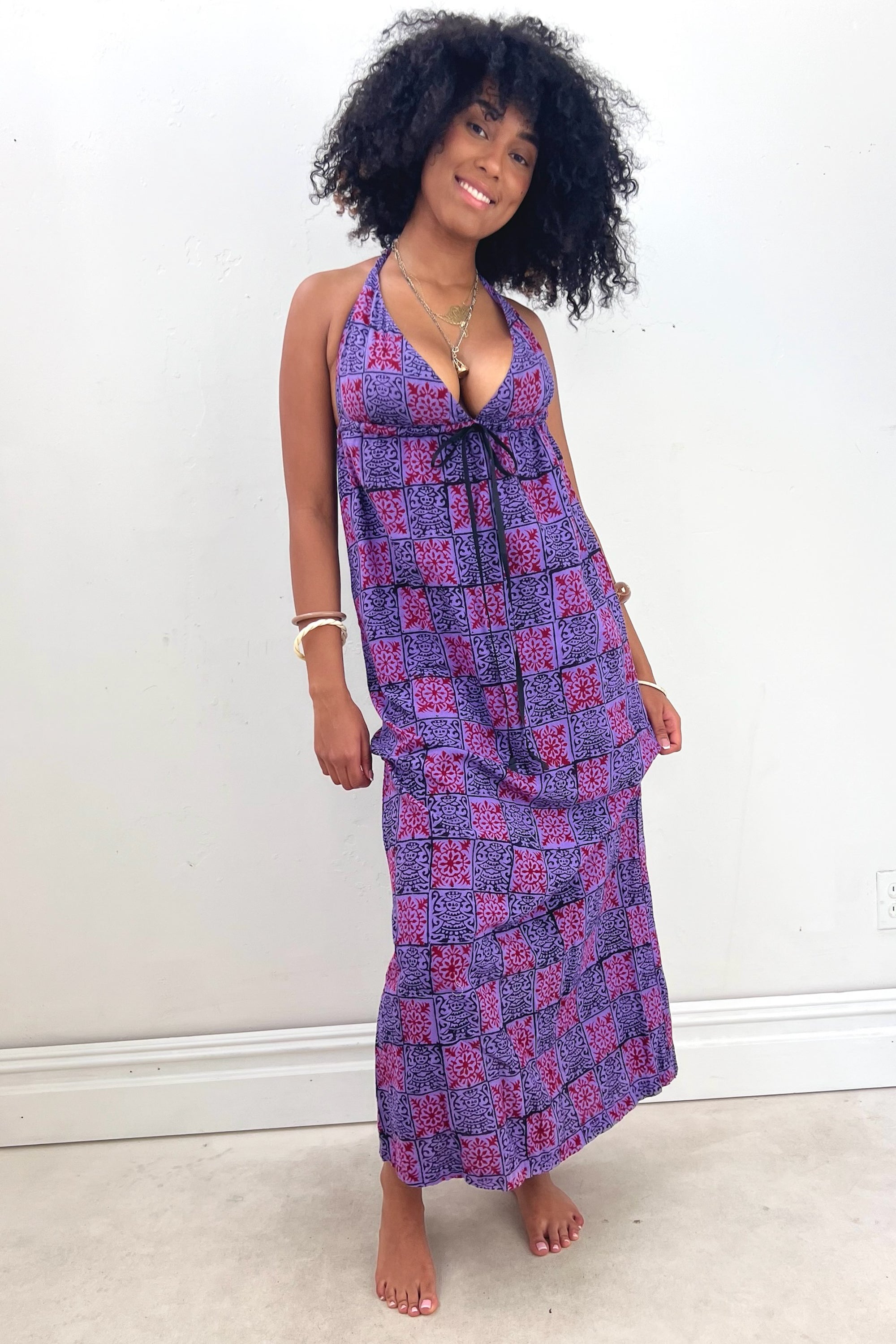 Vintage Block Printed Halter Dress Purple