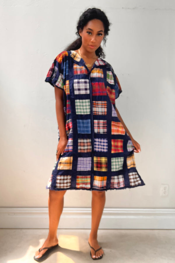 Anna Corinna Reworked Vintage Plaids Patchwork Smock Dress, Cotton