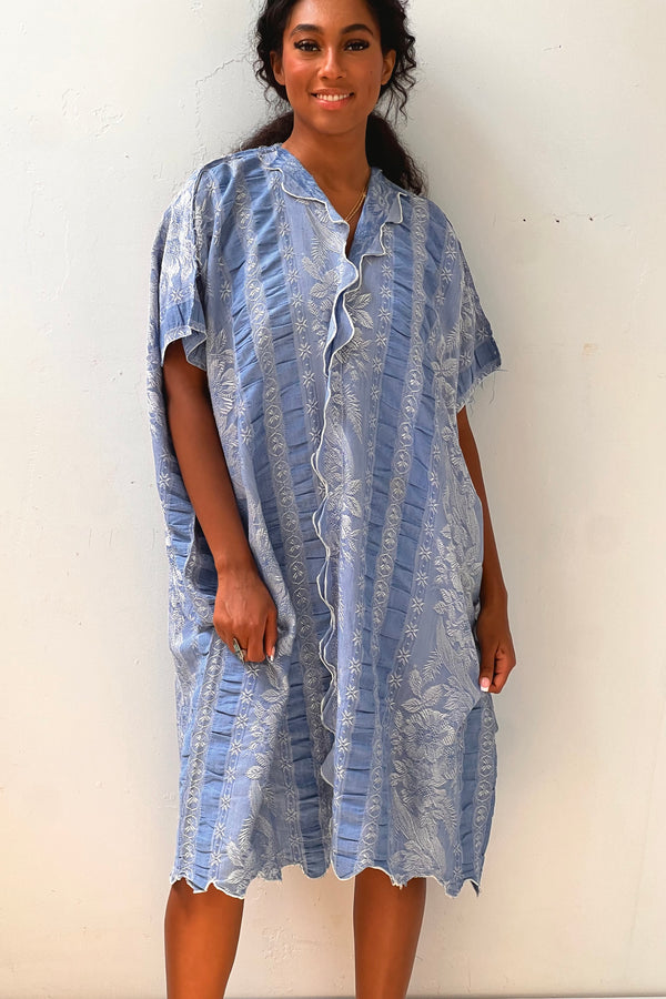 Anna Corinna Reworked Vintage Scalloped Damask Smock Dress, Cotton blend