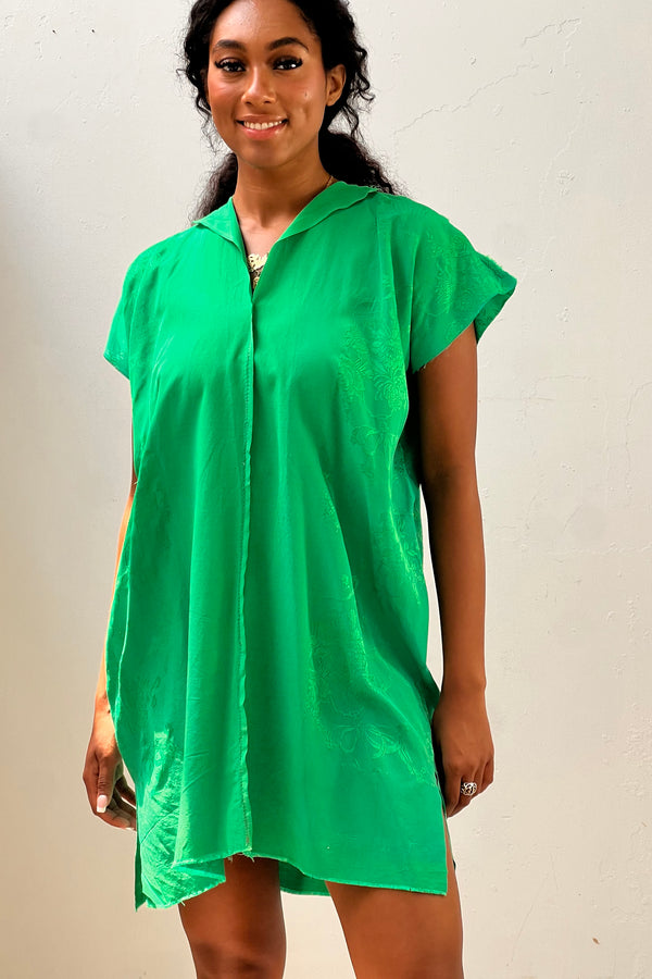 Anna Corinna Reworked Vintage Damask Emerald Roses Smock Dress, Rayon