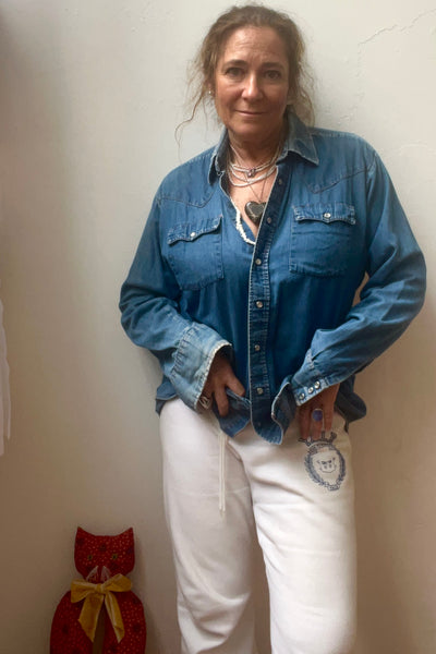 Chambray 80s Welcome Snap Up Top Reworked Vintage